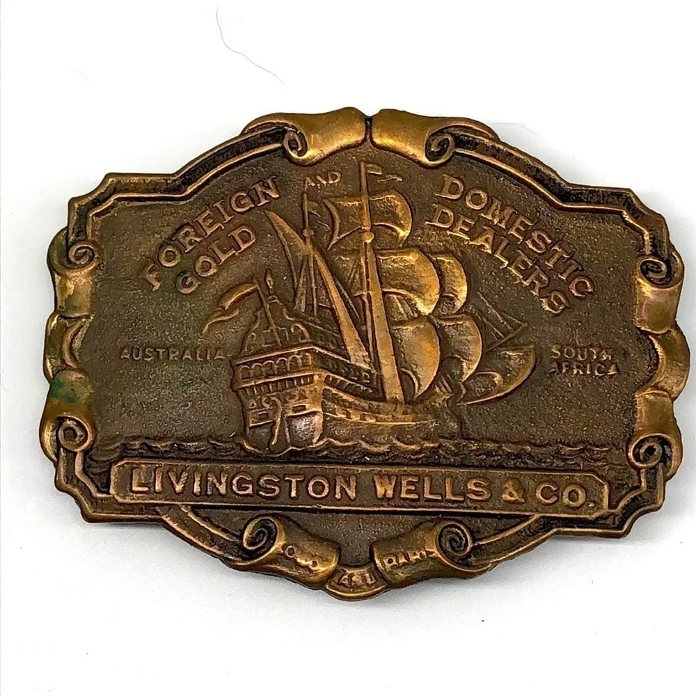 Livingston Wells & Co. Foreign Gold Domestic Dealers Brass Belt Buckle Nautical